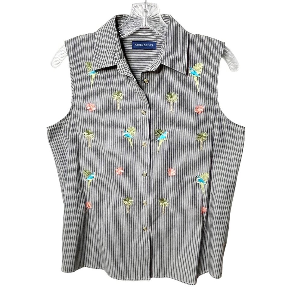 Karen Scott Sleeveless Top Women's Size S Embroidered Tropical Birds Palm Trees